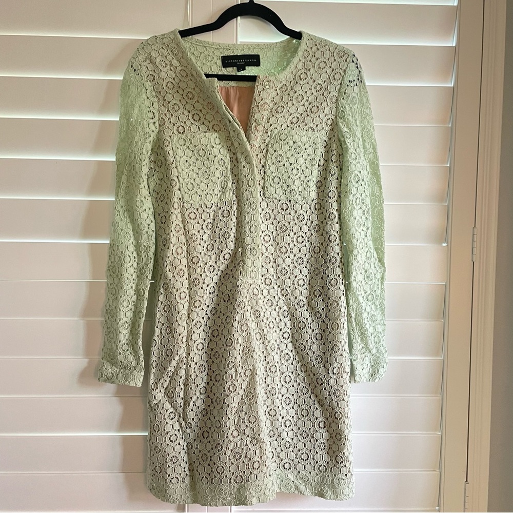 Victoria Beckham for Target Lace Shirt Shift Dress Mint Green Tan Size Small